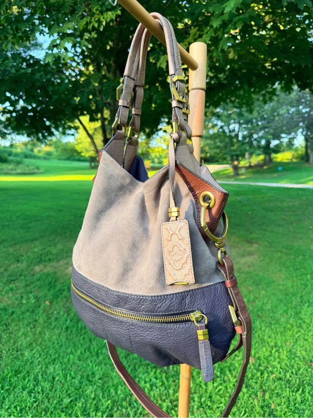 orYANY Sydney Taupe Suede & Dark Brown Leather Hobo Bag